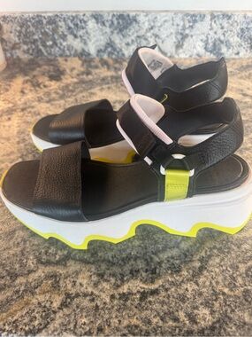 Sorel Black Platform Sandals with Neon Yellow Trim
